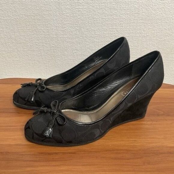 Coach Irene Black Jacquard Signature Logo Closed Toe Wedge Heels Women Size 9.5M - Picture 1 of 12